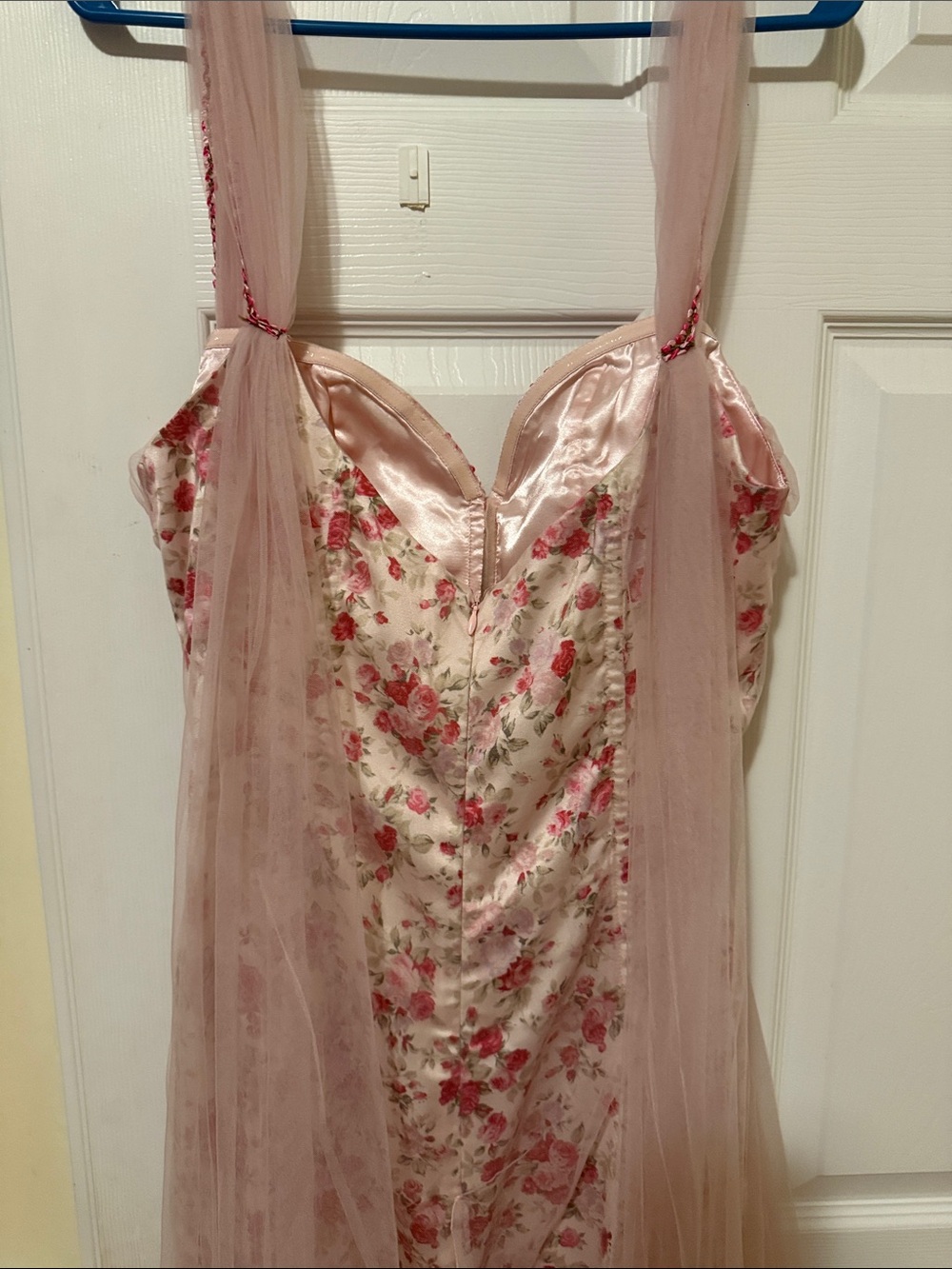 Blush Pink Floral Tulle Maxi Dress with Sheer Overlay - Picture 4 of 6